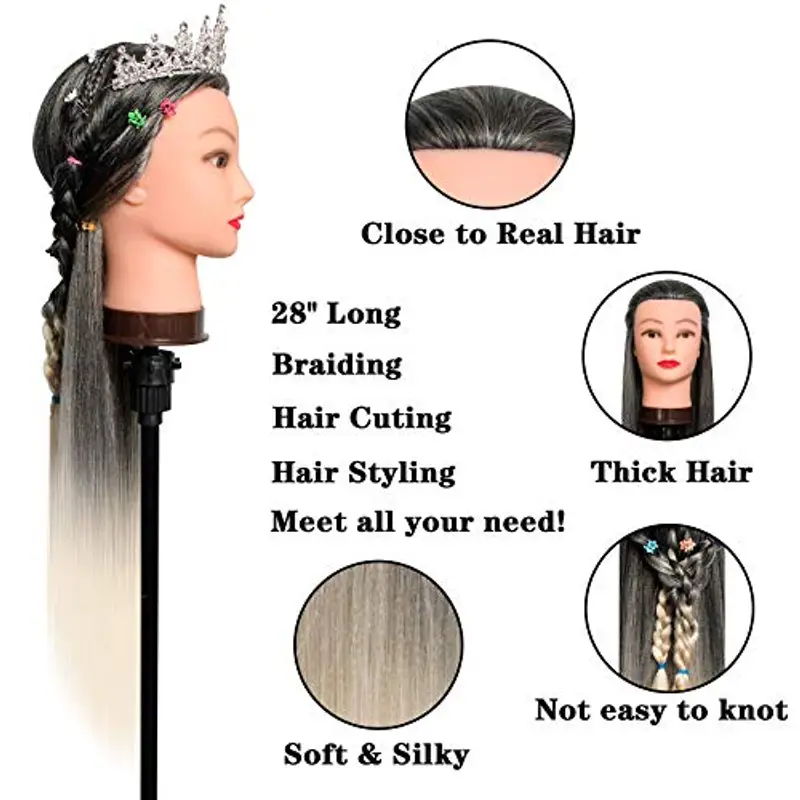 Testa per parrucchieri, DanseeMeibr Testina Parrucchiere Capelli 26" Morbidi 100% Sintetica Testa Acconciature con miniatura 3