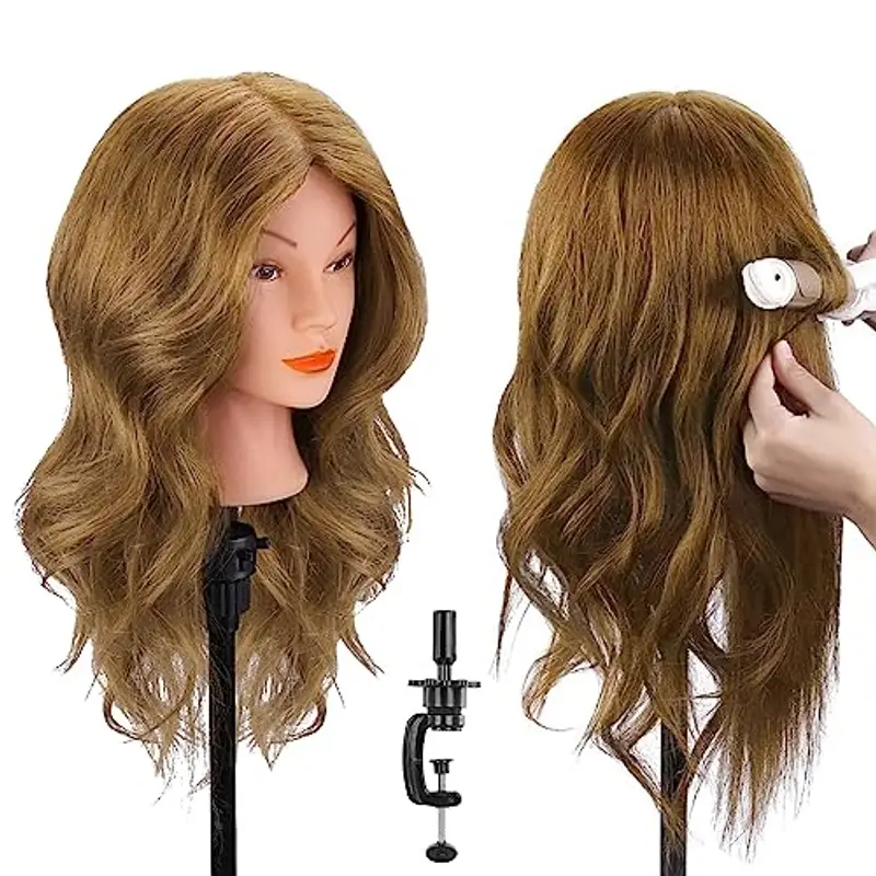 Testina Parrucchiere Capelli, TopDirect 18"/46cm 100% Veri Capelli Testa per Parrucchieri Testa per Acconciature Manichino Cosmetologia Formazione con Morsetto + DIY Accessori per Capelli