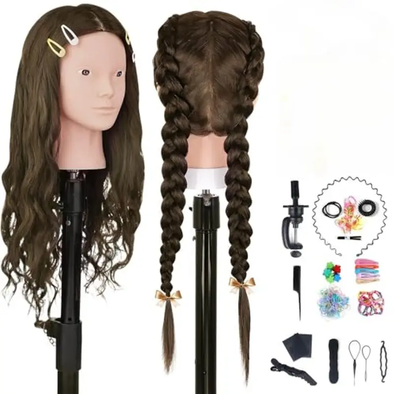 Testina Parrucchiere Capelli, TopDirect 66cm/26" 70% Veri Capelli Testa per Parrucchieri Testa per Acconciature Manichino Cosmetologia Formazione con Morsetto + 7pcs Extension Capelli Clip