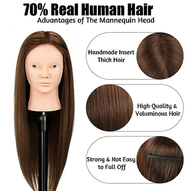 Testina Parrucchiere Capelli, TopDirect 66cm/26" 70% Veri Capelli Testa per Parrucchieri Testa per Acconciature Manichino Cosmetologia Formazione con Morsetto + 7pcs Extension Capelli Clip miniatura 2