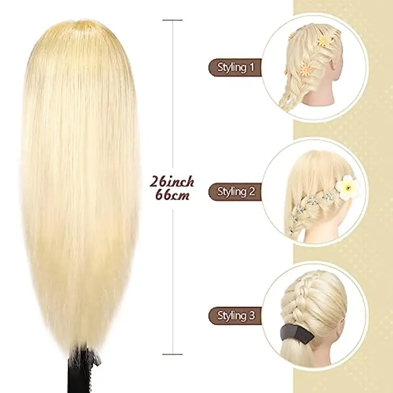 Testina Parrucchiere Capelli, TopDirect 66cm/26" 70% Veri Capelli Testa per Parrucchieri Testa per Acconciature Manichino Cosmetologia Formazione con Morsetto + 8pcs Extension Capelli Clip miniatura 2