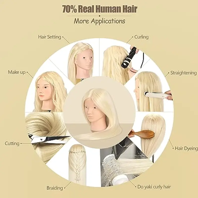 Testina Parrucchiere Capelli, TopDirect 66cm/26" 70% Veri Capelli Testa per Parrucchieri Testa per Acconciature Manichino Cosmetologia Formazione con Morsetto + 8pcs Extension Capelli Clip miniatura 3