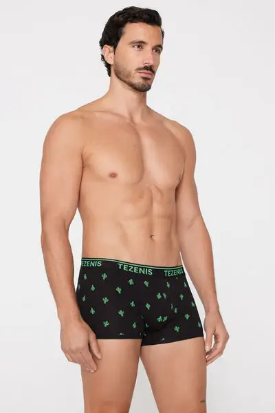 Boxer in Cotone Stampato Bordi a Contrasto con Logo Uomo Nero miniatura 2
