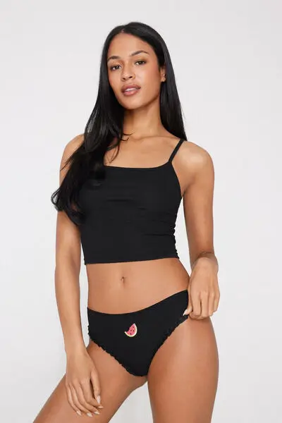 Brasiliano in Cotone a Costine con Ricamo Donna Nero miniatura 2