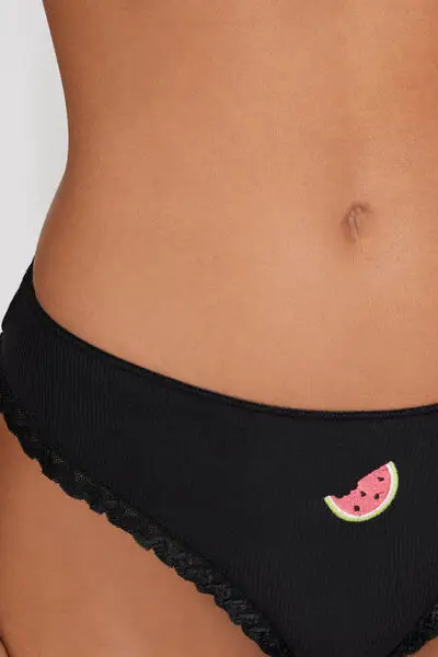 Brasiliano in Cotone a Costine con Ricamo Donna Nero miniatura 3