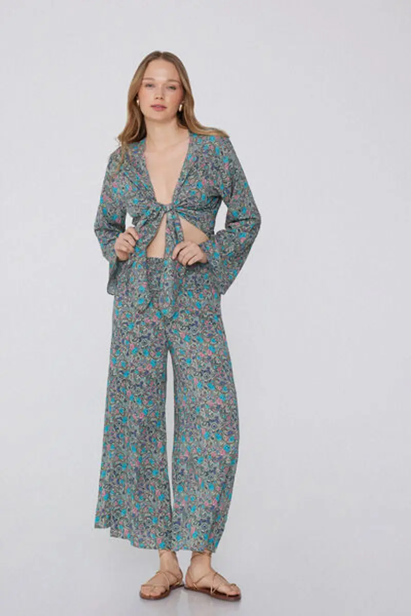 Tezenis Camicia Corta Manica Lunga in Viscosa con Nodo Donna Azzurro Taglia L miniatura 2