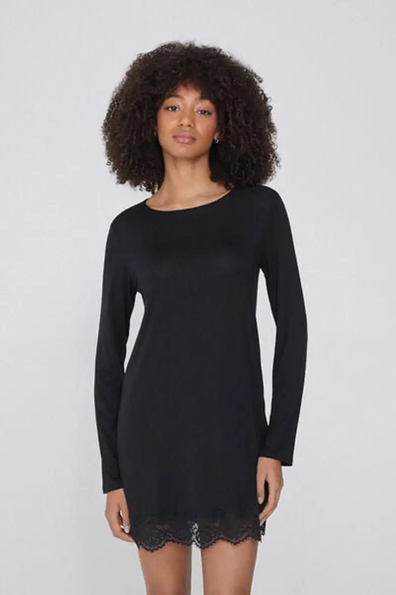 Tezenis Camicia da Notte Manica Lunga in Viscosa e Pizzo Donna Nero Taglia L