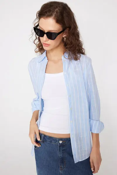 Camicia in Tela di Cotone Donna Azzurro miniatura 3