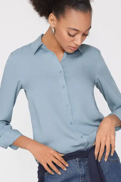 Camicia Manica Lunga Tela Viscosa Donna Blu miniatura 3