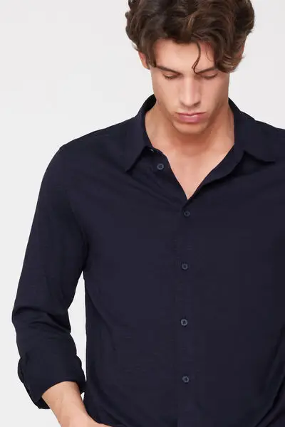 Camicia Maniche Lunghe Cotone Fiammato Uomo Blu miniatura 3