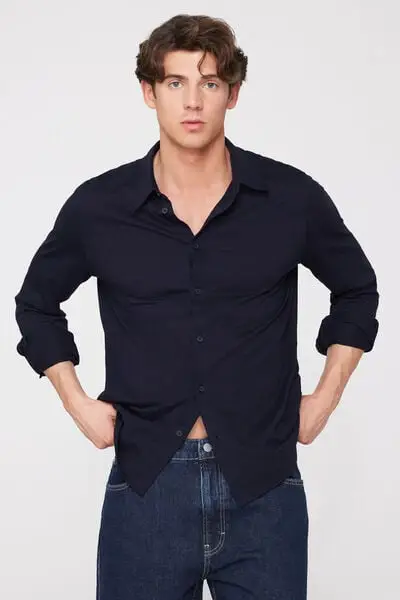 Camicia Maniche Lunghe Cotone Fiammato Uomo Blu