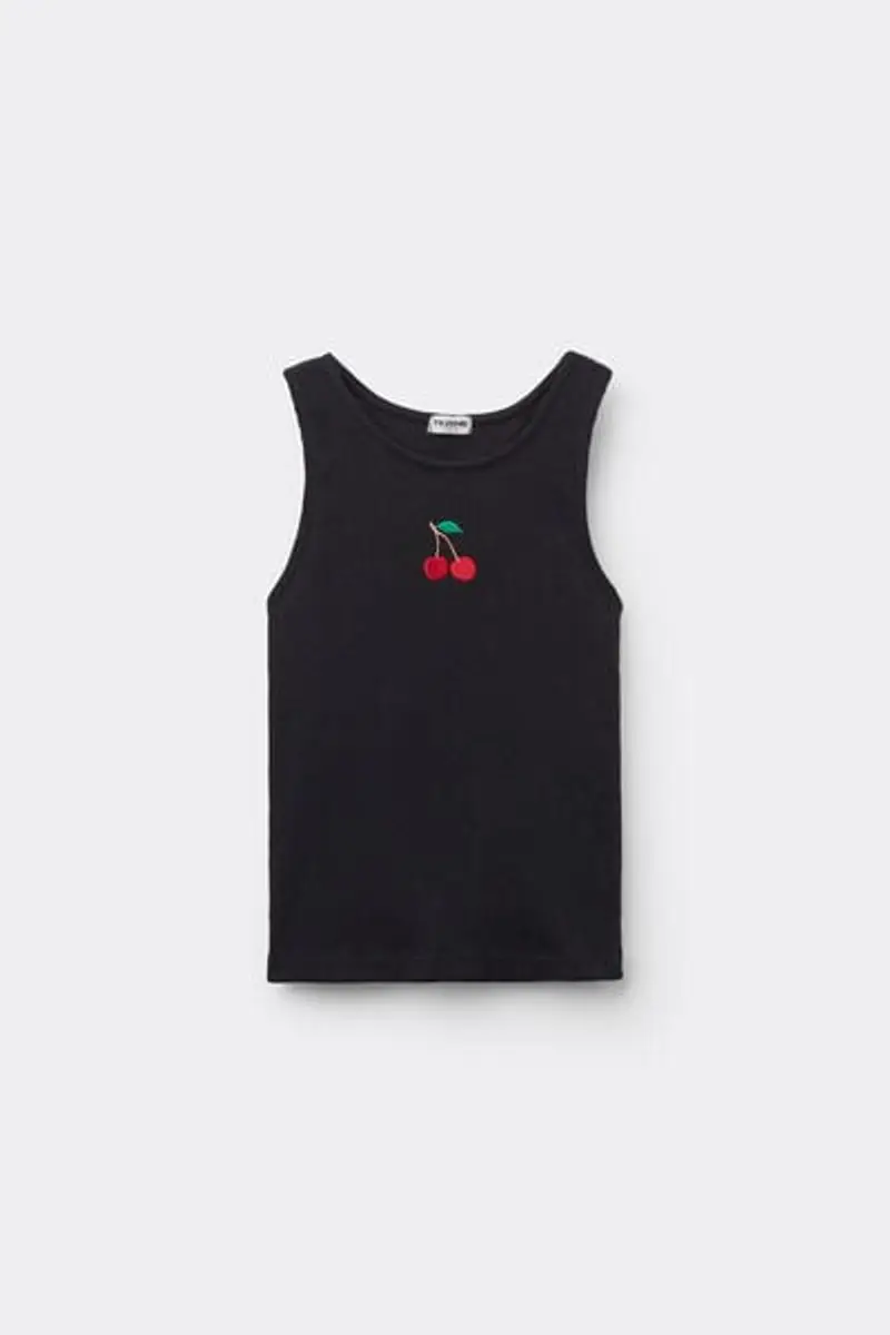 Canotta Bimba Spalla Larga Cotone Costine Ricamo Bambina Nero