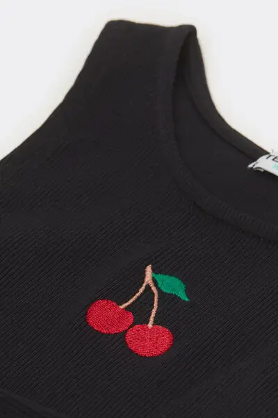 Canotta Bimba Spalla Larga Cotone Costine Ricamo Bambina Nero miniatura 3