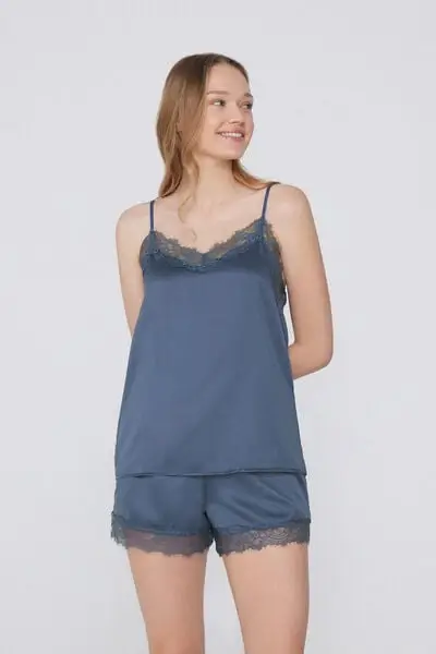 Canotta con Spalline Sottili in Raso e Pizzo Donna Blu miniatura 3