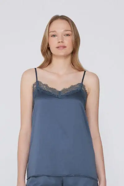 Canotta con Spalline Sottili in Raso e Pizzo Donna Blu