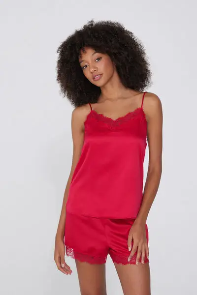 Canotta con Spalline Sottili in Raso e Pizzo Donna Rosso miniatura 3