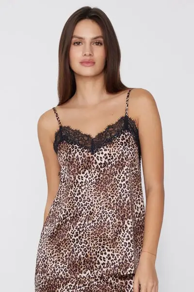 Canotta con Spalline Sottili in Raso Stampato e Pizzo Donna Marrone