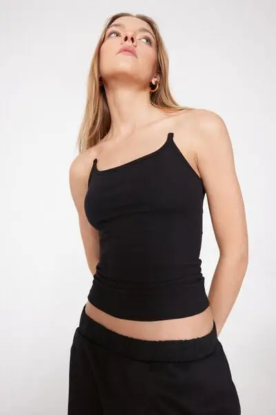 Canotta Cotone Costine con Spalline Invisibili Donna Nero miniatura 3