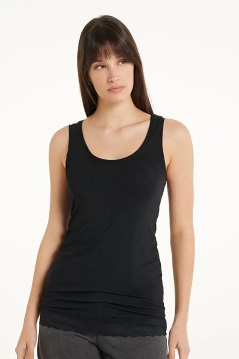 Tezenis Canotta Lunga a Spalla Larga Viscosa con Pizzo Donna Nero Taglia S