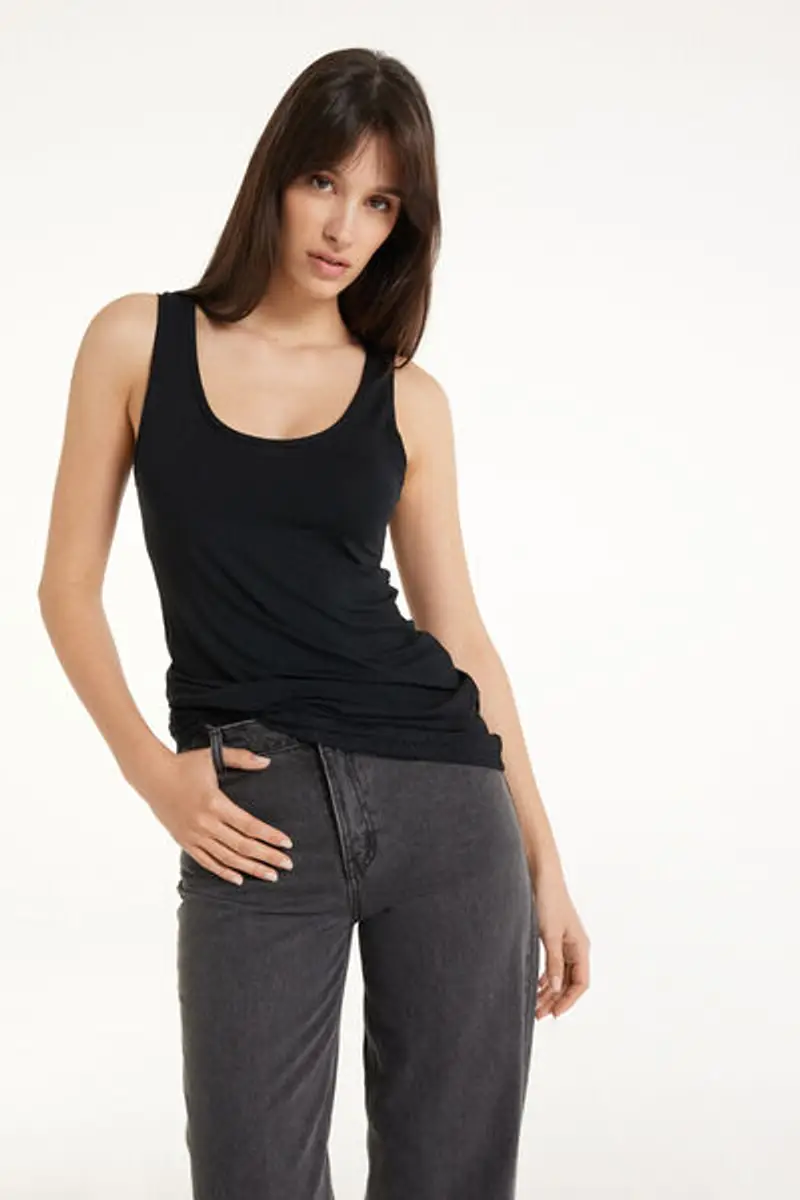 Tezenis Canotta Lunga a Spalla Larga Viscosa con Pizzo Donna Nero Taglia S miniatura 2