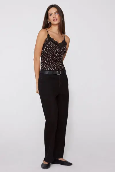 Canotta Scollo a V con Inserto in Pizzo Donna Nero miniatura 3