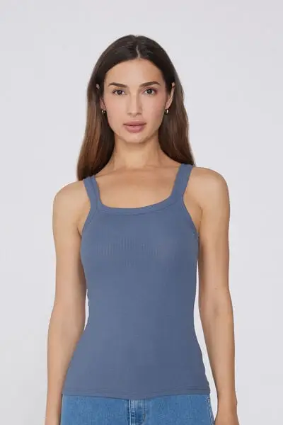 Canotta Scollo Squadrato in Cotone a Costine Donna Blu
