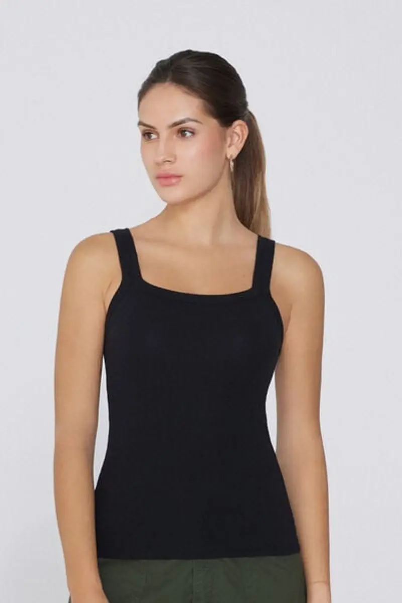 Tezenis Canotta Scollo Squadrato in Cotone a Costine Donna Nero Taglia L