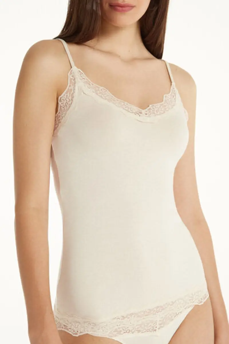 Tezenis Canotta Spalline Sottili Scollo a V in Viscosa con Pizzo Donna Avorio Taglia L miniatura 3
