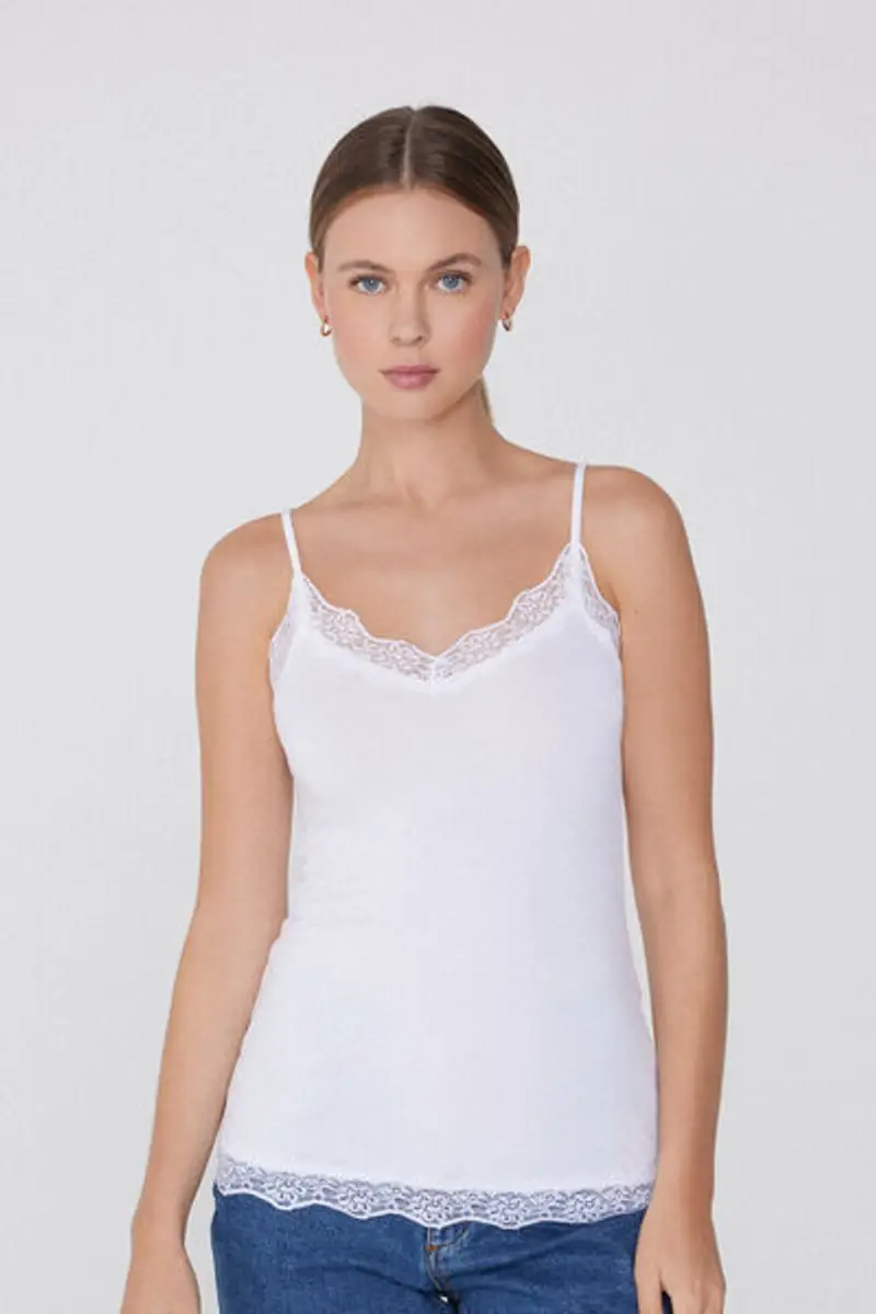 Tezenis Canotta Spalline Sottili Scollo a V in Viscosa con Pizzo Donna Bianco Taglia L