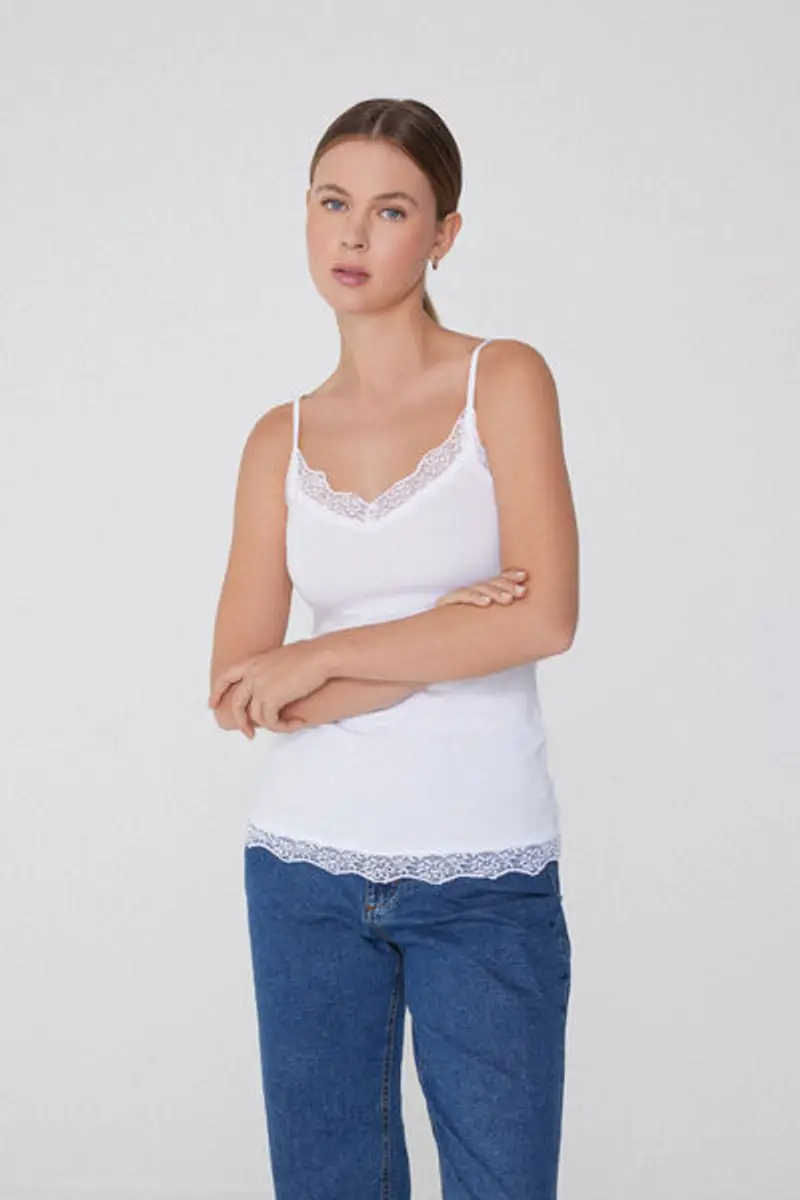 Tezenis Canotta Spalline Sottili Scollo a V in Viscosa con Pizzo Donna Bianco Taglia L miniatura 2