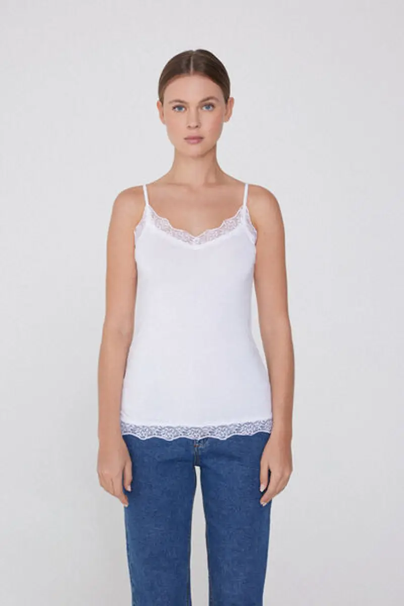 Tezenis Canotta Spalline Sottili Scollo a V in Viscosa con Pizzo Donna Bianco Taglia L miniatura 3