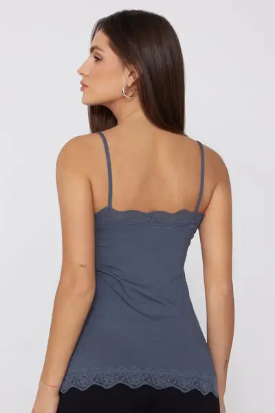 Canotta Spalline Sottili Scollo a V in Viscosa con Pizzo Donna Blu miniatura 2