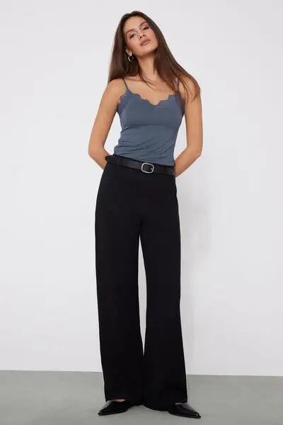 Canotta Spalline Sottili Scollo a V in Viscosa con Pizzo Donna Blu miniatura 3