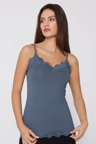 Canotta Spalline Sottili Scollo a V in Viscosa con Pizzo Donna Blu