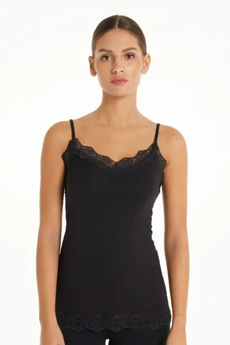 Tezenis Canotta Spalline Sottili Scollo a V in Viscosa con Pizzo Donna Nero Taglia XL