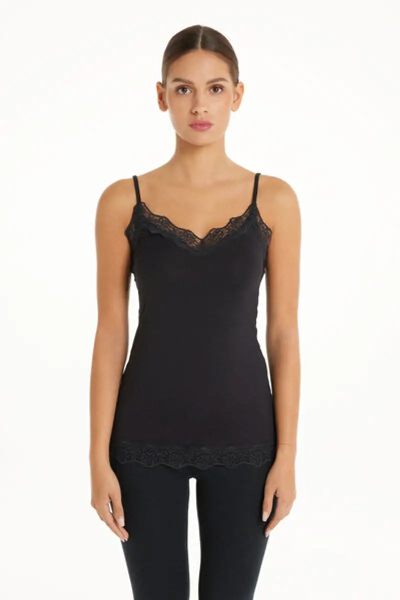 Tezenis Canotta Spalline Sottili Scollo a V in Viscosa con Pizzo Donna Nero Taglia XL miniatura 3