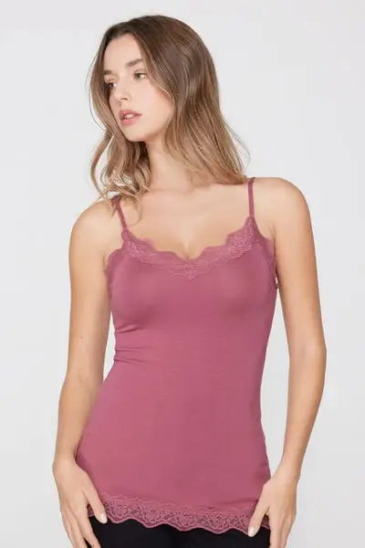 Canotta Spalline Sottili Scollo a V in Viscosa con Pizzo Donna Rosa
