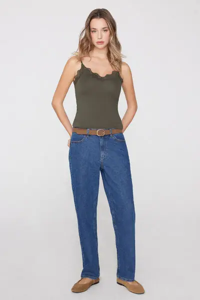 Canotta Spalline Sottili Scollo a V in Viscosa con Pizzo Donna Verde miniatura 3