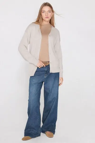 Cardigan in Cotone e Modal in Maglia Calata Scollo V Donna Naturale