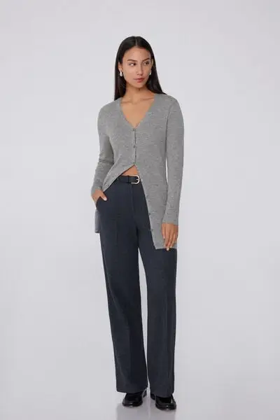 Cardigan Lungo Pesante Costine Scollo V con Lana Donna Grigio