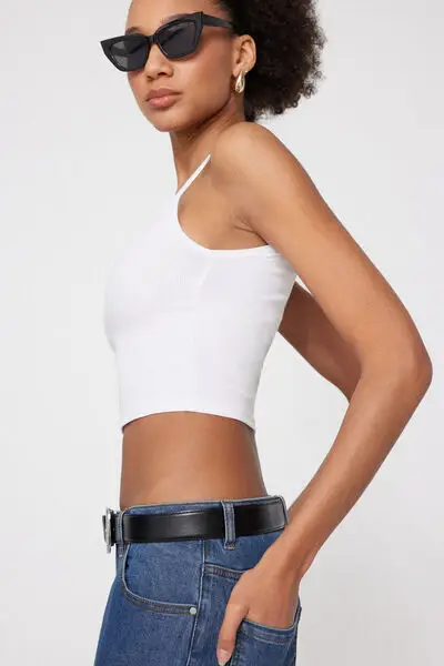 Crop Top Spalline Sottili Cotone Costine Donna Bianco miniatura 3