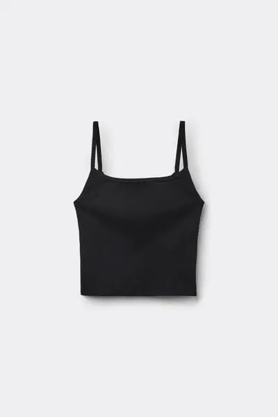 Crop Top Spalline Sottili Cotone Costine Donna Nero miniatura 2