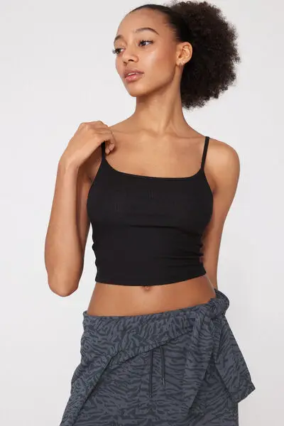 Crop Top Spalline Sottili Cotone Costine Donna Nero miniatura 3