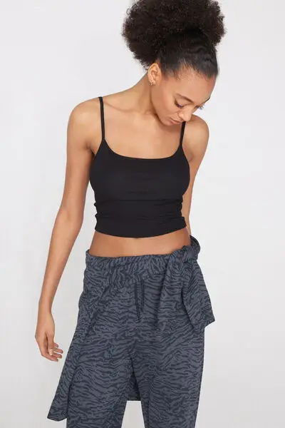Crop Top Spalline Sottili Cotone Costine Donna Nero