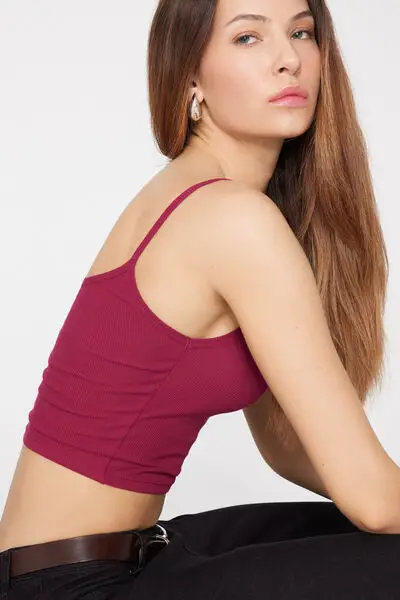 Crop Top Spalline Sottili Cotone Costine Donna Rosso miniatura 3