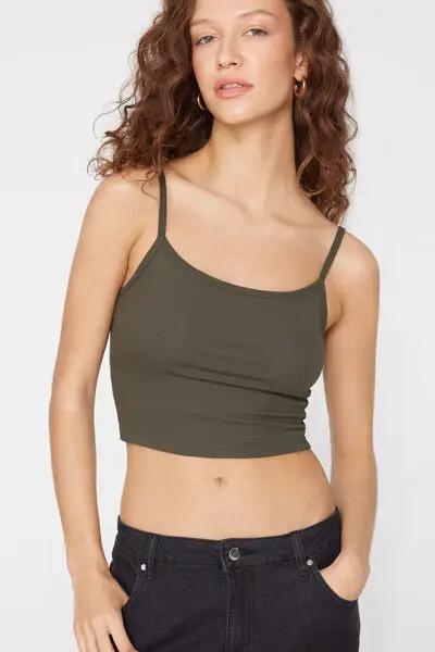 Crop Top Spalline Sottili Cotone Costine Donna Verde miniatura 3