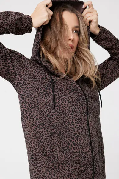 Felpa Cappuccio con Zip e Coulisse Donna Marrone miniatura 3