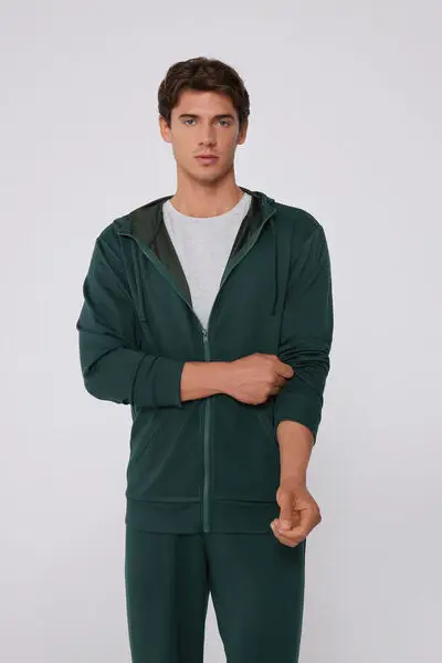 Felpa con Cappuccio e Zip Double Uomo Verde miniatura 3