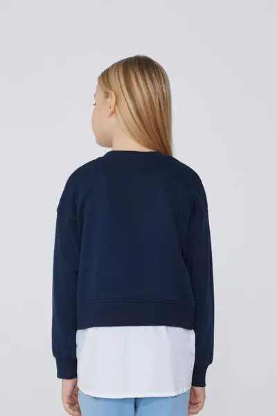 Felpa Cotone Manica Lunga Effetto Camicia Bimba Bambina Blu miniatura 2