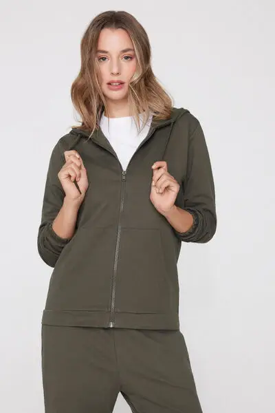 Felpa Leggera Cappuccio con Zip e Coulisse Donna Verde miniatura 3